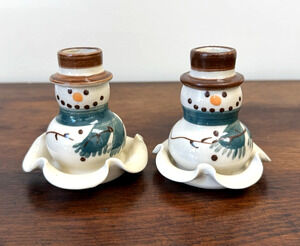 Set 2 Kovack NC Pottery Snowman Candle Holders Signed 1997 Hand Painted 3.25"